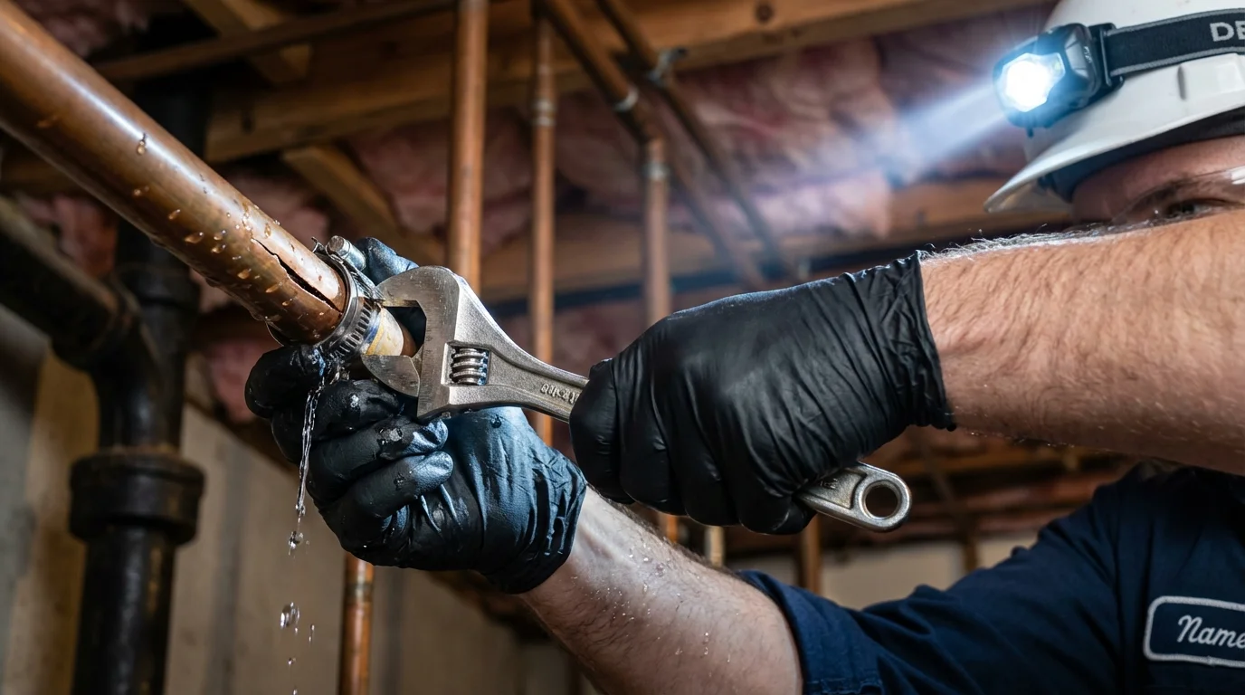 Emergency pipe clamp repair being performed by a Johns Plumbing LLC plumber in Rochester