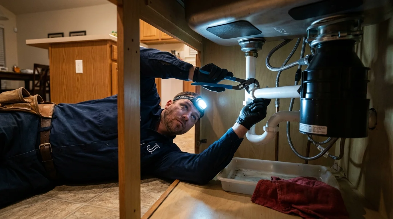 P-trap and supply line connections under a kitchen sink showing a common leak point in Rochester, PA